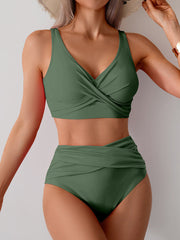 Women High Waisted Bikini Sets Solid Pleated 2 Piece Swimsuits Sexy Beach Sets with Removable Pads