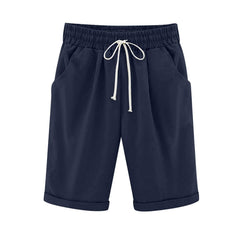 Women Elastic Waist Knee Length Casual Cotton Bermuda Shorts with Drawstring