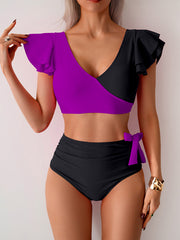 Women High Waisted Bathing Suits Tummy Control Two Piece Swimsuits Ruffle Bikini Sets Criss Cross Ruched Swimwear