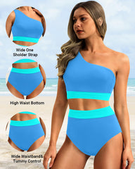 Women One Shoulder High Waisted Bikini Sets Two Piece Swimsuit Tummy Control-Pink