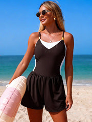 Women One Piece Tummy Control Bathing Suits Color Block Full Coverage Swim Rompers