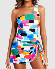 Women One Piece Swim Dress One Shoulder Swimsuit with Skirt