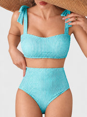 Women Tie Shoulder Bikini Sets 2 Piece Striped Swimsuits High Waisted Bathing Suits