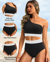 Women One Shoulder High Waisted Bikini Sets Two Piece Swimsuit Tummy Control-Pink