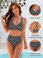 Women Embroidery Print High Waisted Bikini Sets V Neck Tummy Control Bathing Suit Two Piece Curvy Swimsuits