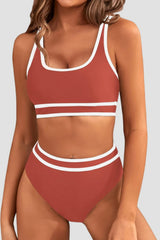 Women High Waisted Bikini Sets Sporty Two Piece Swimsuits Color Block Cheeky High Cut Bathing Suits