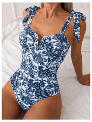 Women One Piece Swimsuits Tummy Control Bathing Suits V Neck Boho Tie Shoulder Ruched Full