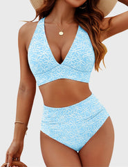 Women Embroidery Print High Waisted Bikini Sets V Neck Tummy Control Bathing Suit Two Piece Curvy Swimsuits