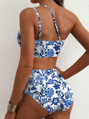 Women High Waisted Bikini Sets One Shoulder Floral Print Swimsuits 2 Piece Tummy Control Bathing Suits