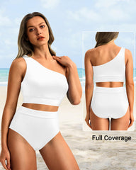 Women One Shoulder High Waisted Bikini Sets Two Piece Swimsuit Tummy Control-Pink