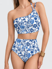 Women High Waisted Bikini Sets One Shoulder Floral Print Swimsuits 2 Piece Tummy Control Bathing Suits