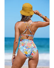 Women Beach Floral Colorblock Print Low-cut Slim One Piece Tummy control Swimsuit