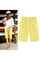 Women Elastic Waist Knee Length Casual Cotton Bermuda Shorts with Drawstring