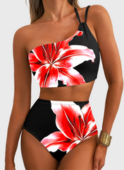 Women High Waisted Bikini Sets One Shoulder Floral Print Swimsuits 2 Piece Tummy Control Bathing Suits