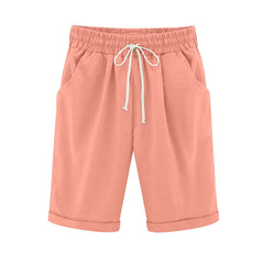 Women Elastic Waist Knee Length Casual Cotton Bermuda Shorts with Drawstring