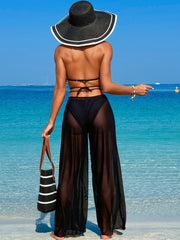 Women 3 Piece Bikini Sets with Mesh Cover Up Pants Halter Cheeky Thong Swimsuits Sexy Bathing Suits