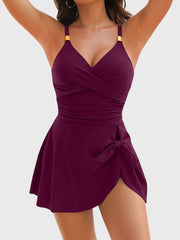Women Tummy Control One Piece Swimsuit Gold Metal Tie Knot Swim Dress Bathing Suit