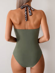 Women One Piece Swimsuit Leopard Splicing Halter V Neck Sexy Tummy Control Push Up Swimwear Back Tie Bathing Suit