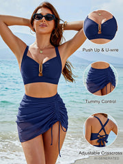 Women High Waisted Push Up Bikini Sets Mesh Tummy Control Swim Skirt