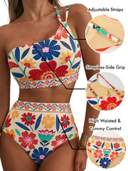 Women High Waisted Bikini Sets One Shoulder Floral Print Swimsuits 2 Piece Tummy Control Bathing Suits