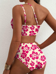 Women High Waisted Bikini Sets One Shoulder Floral Print Swimsuits 2 Piece Tummy Control Bathing Suits
