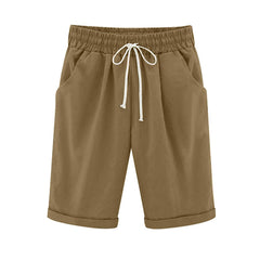 Women Elastic Waist Knee Length Casual Cotton Bermuda Shorts with Drawstring