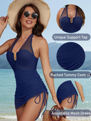 Women One Piece Swimsuit Tummy Control Swim Dress Slimming Mesh Sheer Halter Sarong Wraps Bathing Suit