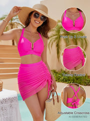 Women High Waisted Push Up Bikini Sets Mesh Tummy Control Swim Skirt