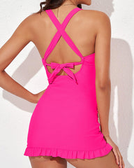 Women Deep V Cross Back Ruched One Piece Swimdress Tummy Control Bathing Suits