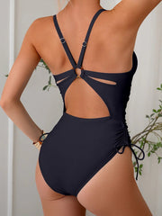 Women One Piece Swimsuits Tummy Control Summer Beach Bathing Suit Solid Color V Neck Back O Ring Swimwear