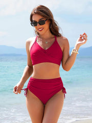 Women High Waisted Bikini Sets Drawstring Tummy Control Swimsuits Crisscross Tie Back Bathing Suit
