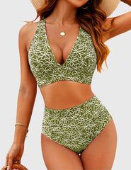 Women Embroidery Print High Waisted Bikini Sets V Neck Tummy Control Bathing Suit Two Piece Curvy Swimsuits