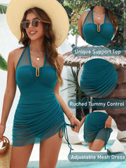 Women One Piece Swimsuit Tummy Control Swim Dress Slimming Mesh Sheer Halter Sarong Wraps Bathing Suit
