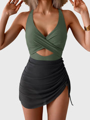 Women Mesh One Piece Swimdress Swimsuit Tummy Control V Neck Cutout Bathing Suit