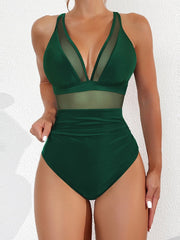 Women Plus Size One Piece Swimsuit V Neck Mesh Sheer Tummy Control Bathing Suit