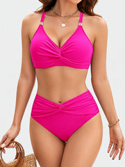 Women High Waisted Bikini Sets Matel Tummy Control Swimsuits V Neck Twist Front Bathing Suit