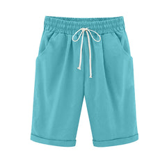Women Elastic Waist Knee Length Casual Cotton Bermuda Shorts with Drawstring