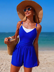 Women One Piece Tummy Control Bathing Suits Color Block Full Coverage Swim Rompers