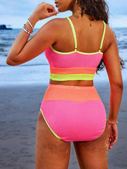 Women 2 Piece Bikini Set High Waisted Color Block Swimsuit Beach Scrunch Ribbed Bathing Suit