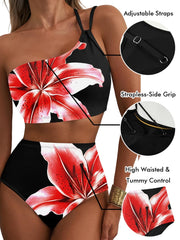 Women High Waisted Bikini Sets One Shoulder Floral Print Swimsuits 2 Piece Tummy Control Bathing Suits