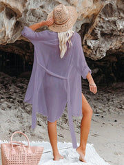 Women Black Solid Color Tie Sun Proof Belt Sexy V Neck Cover Up
