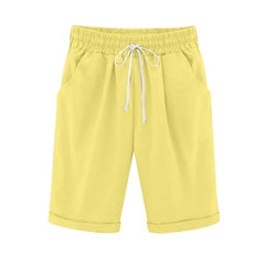 Women Elastic Waist Knee Length Casual Cotton Bermuda Shorts with Drawstring