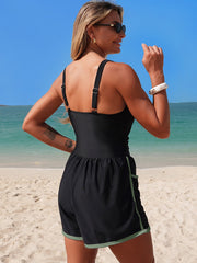 Women Colorblock Sporty Tummy Control One Piece Bathing Suit with Shorts Pockets