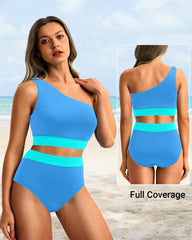 Women One Shoulder High Waisted Bikini Sets Two Piece Swimsuit Tummy Control-Pink