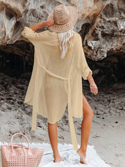 Women Black Solid Color Tie Sun Proof Belt Sexy V Neck Cover Up