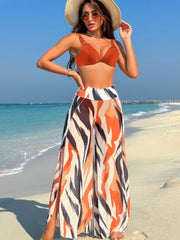Women 3 Piece Bikini Cover Up Pants Beach Swimsuit Sheer High Waisted Split Loose Wide Leg Trousers