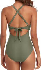 Women One Piece Swimsuits Tummy Control Cutout High Waisted Bathing Suit Wrap Tie Back