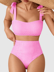 Women Tie Shoulder Bikini Sets 2 Piece Striped Swimsuits High Waisted Bathing Suits