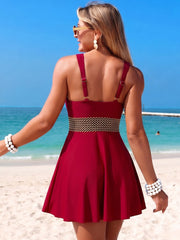 Women Black V-Neck One-Piece Swim Dress with Waist Band Detail