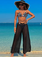 Women 3 Piece Bikini Sets with Mesh Cover Up Pants Halter Cheeky Thong Swimsuits Sexy Bathing Suits